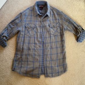 Gray/blue plaid shirt.